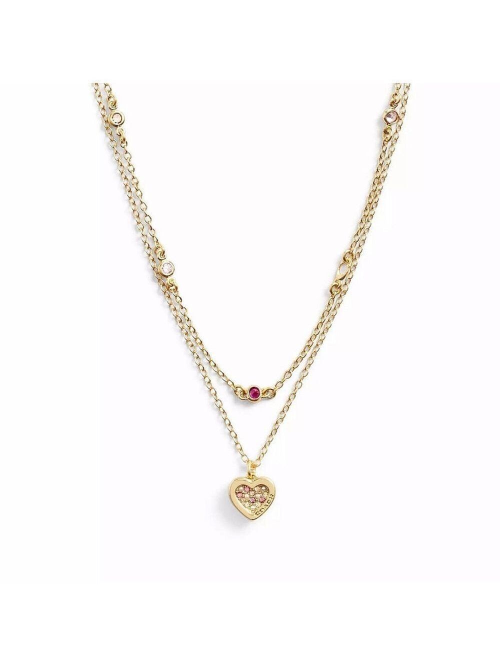 COACH GOLD HEART PAVÉ PINK LAYERED NECKLACE